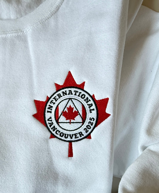 White Embroidered Crewneck Maple Leaf Sweatshirt - International Convention 2025!