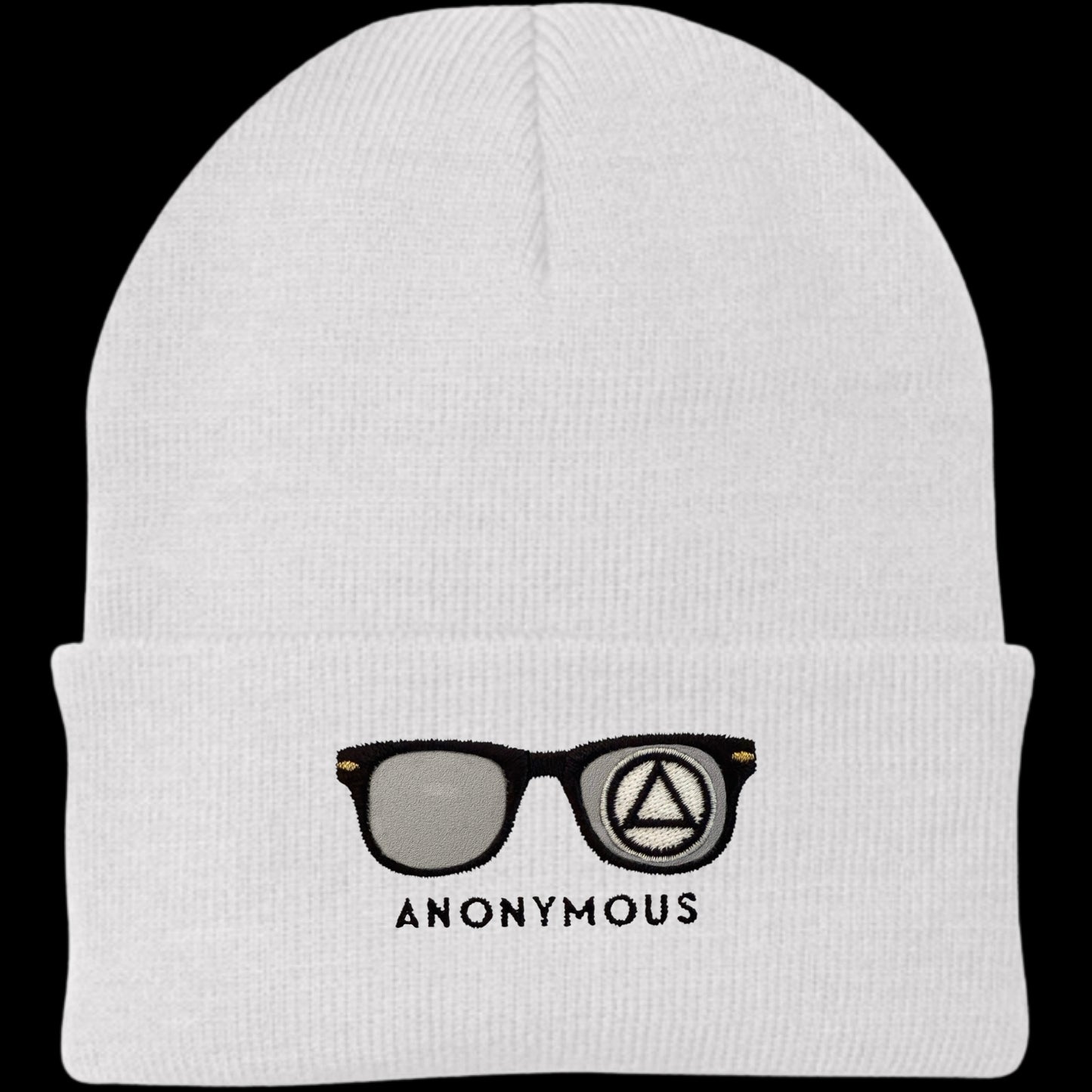 Embroidered Anonymous White Knit Cap With Or Without Sobriety Date