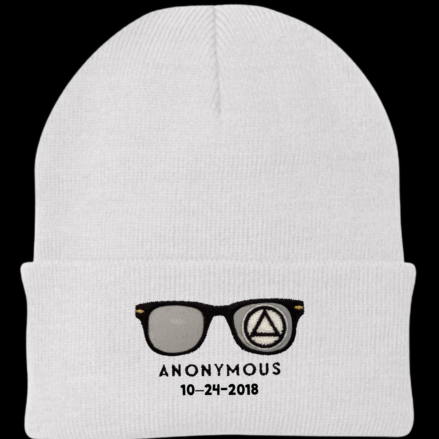 Embroidered Anonymous White Knit Cap With Or Without Sobriety Date