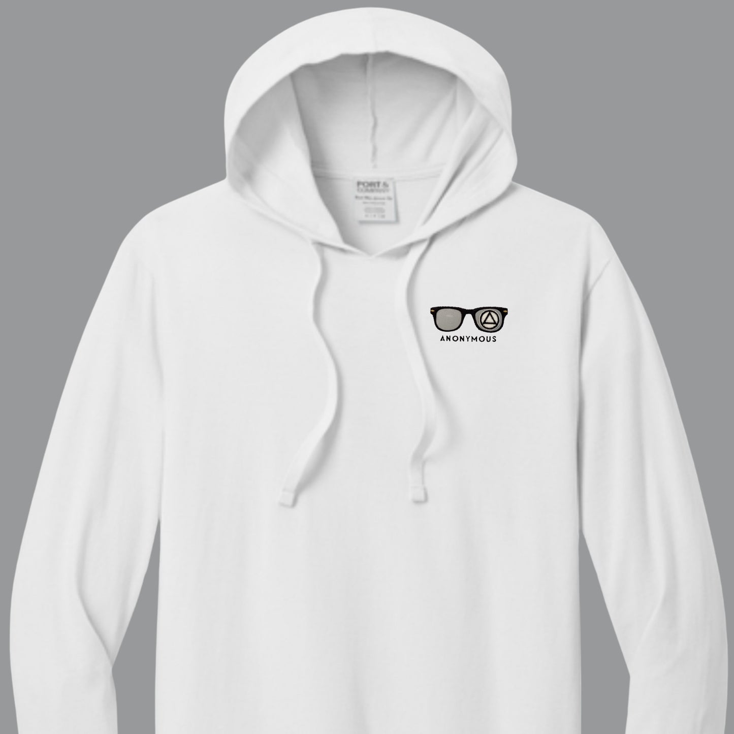 Embroidered Anonymous White Beach Washed Garment Dyed Long Sleeve Hooded T With Or Without Sobriety Date