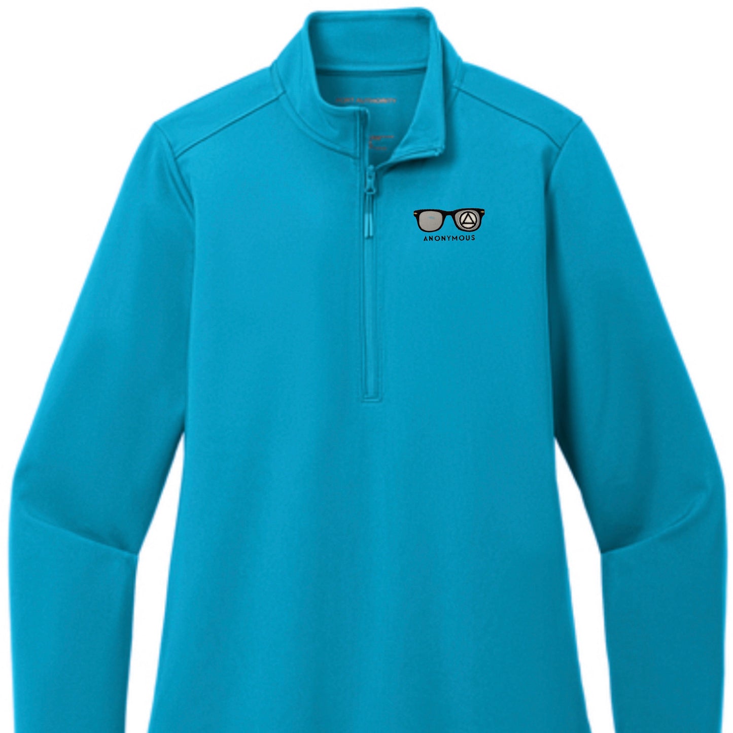 Embroidered Anonymous “Ocean Blue” Women’s Double Knit Quarter Zip Superior Stretch Top With Or Without Sobriety Date