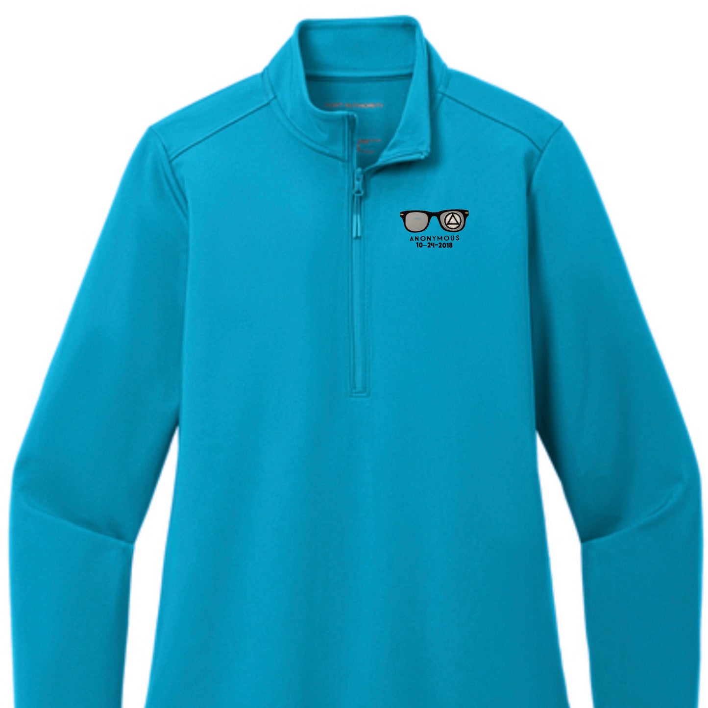 Embroidered Anonymous “Ocean Blue” Women’s Double Knit Quarter Zip Superior Stretch Top With Or Without Sobriety Date