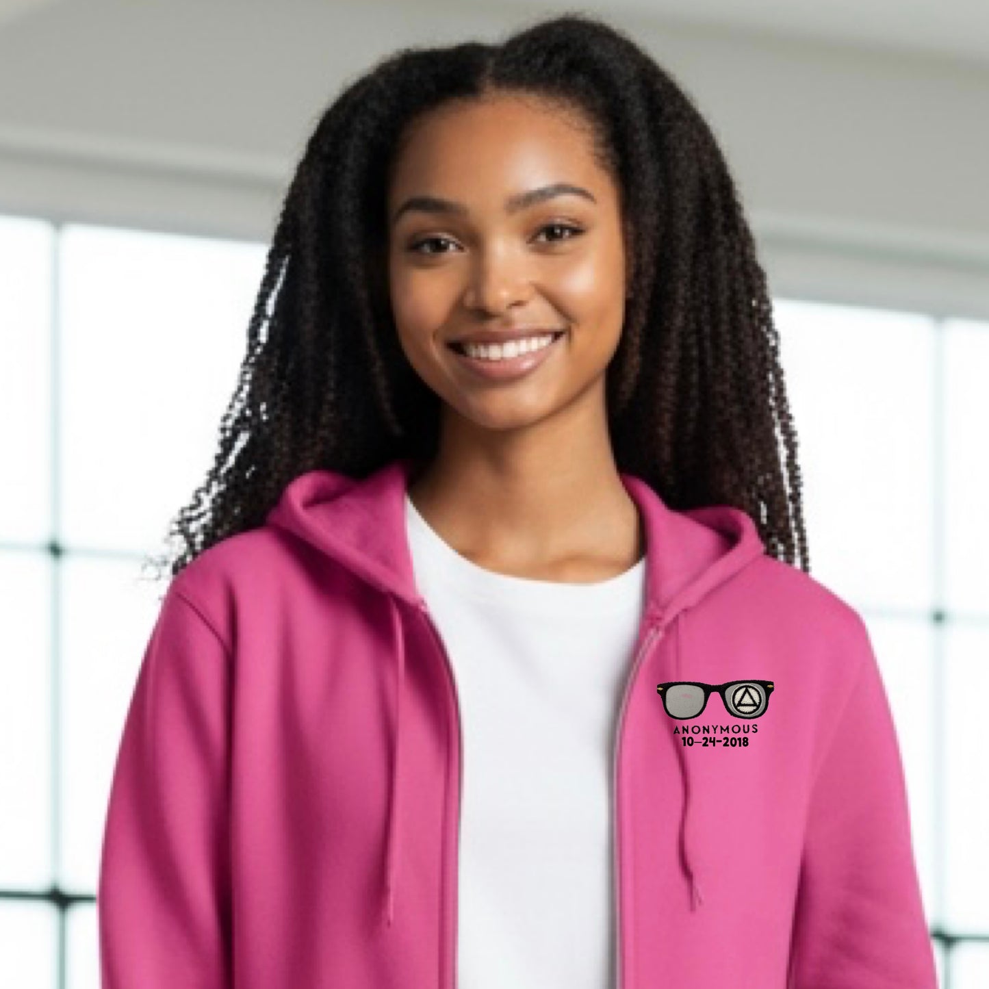 Embroidered Anonymous “Rose” Fleece Full Zip Hooded Zip Sweatshirt With Or Without Sobriety Date