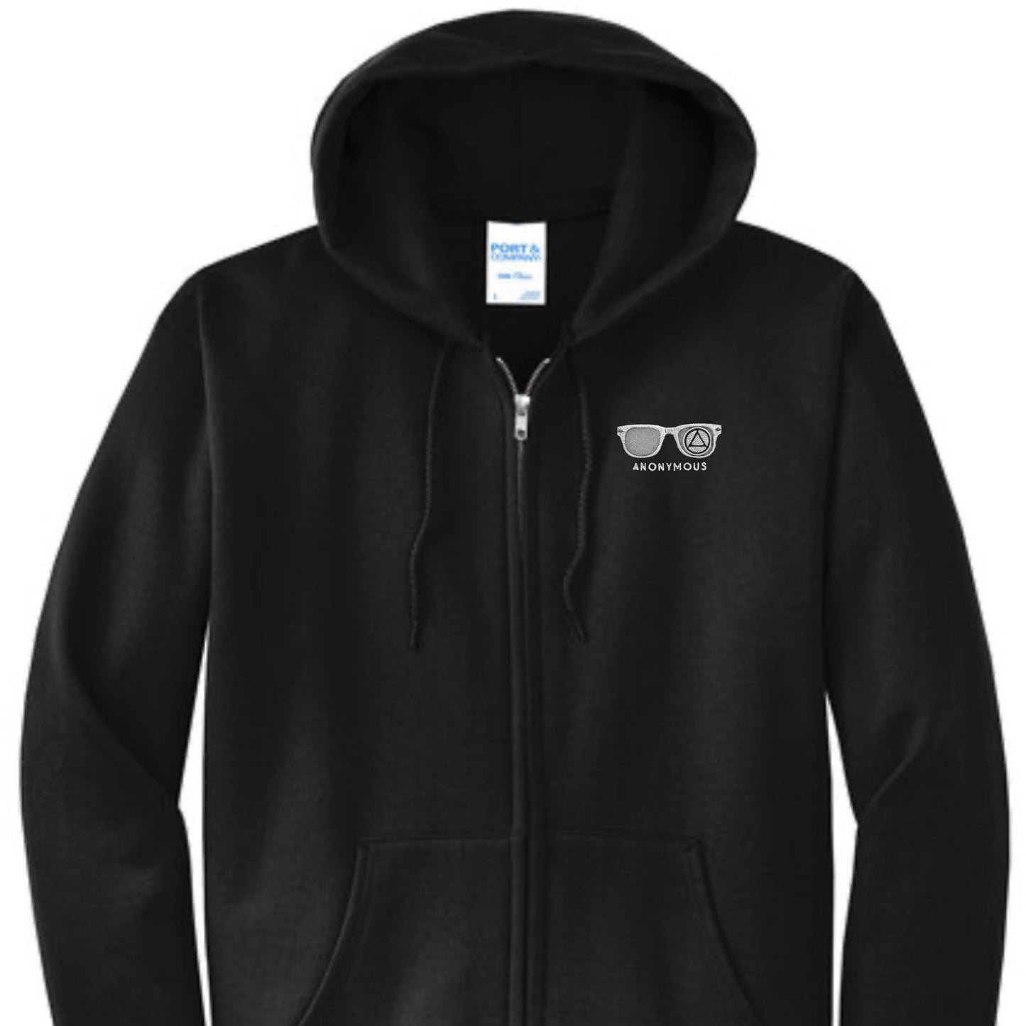 Embroidered Anonymous Black Fleece Full Zip Hooded Zip Sweatshirt With Or Without Sobriety Date