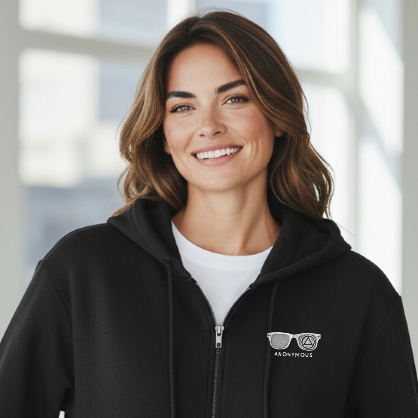 Embroidered Anonymous Black Fleece Full Zip Hooded Zip Sweatshirt With Or Without Sobriety Date