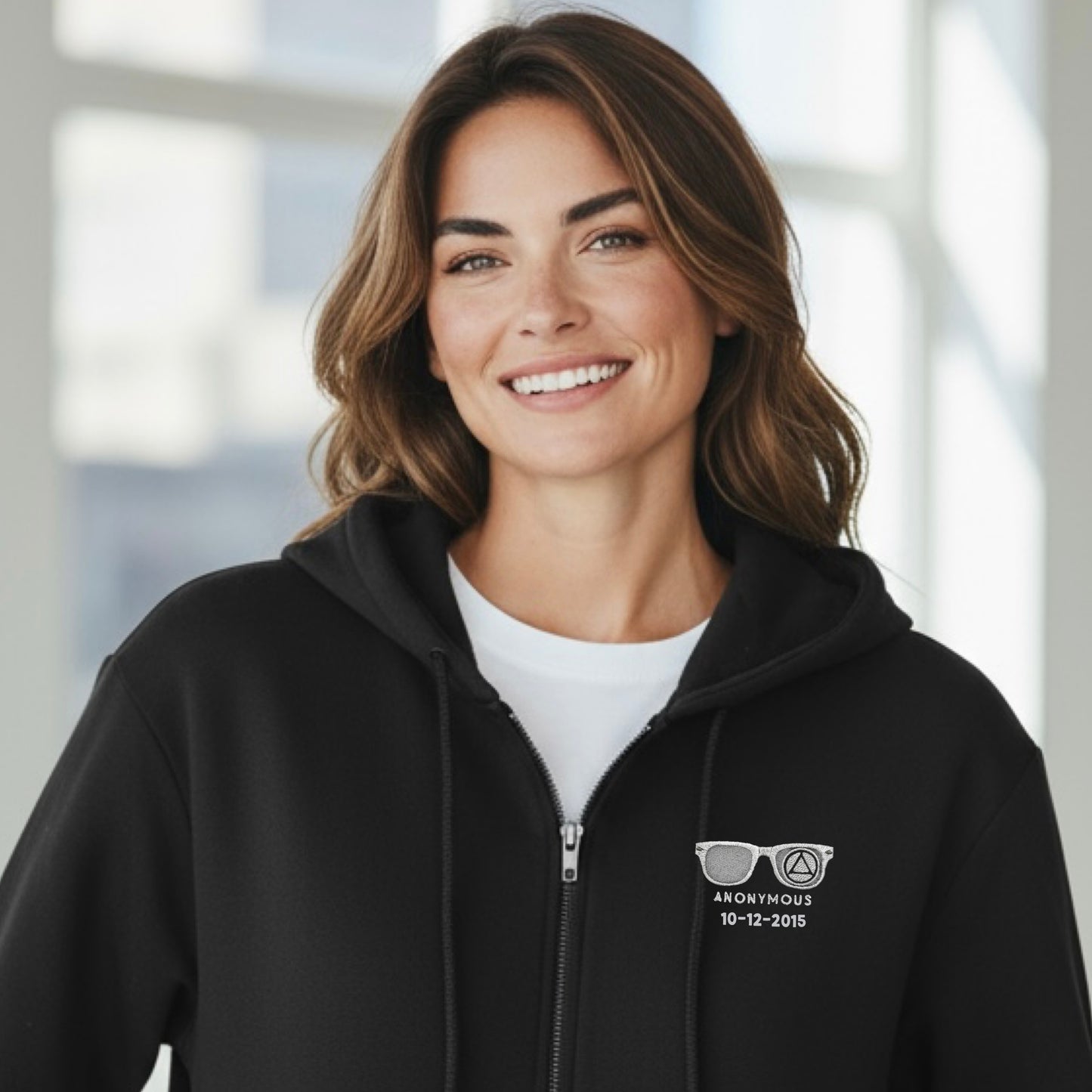 Embroidered Anonymous Black Fleece Full Zip Hooded Zip Sweatshirt With Or Without Sobriety Date