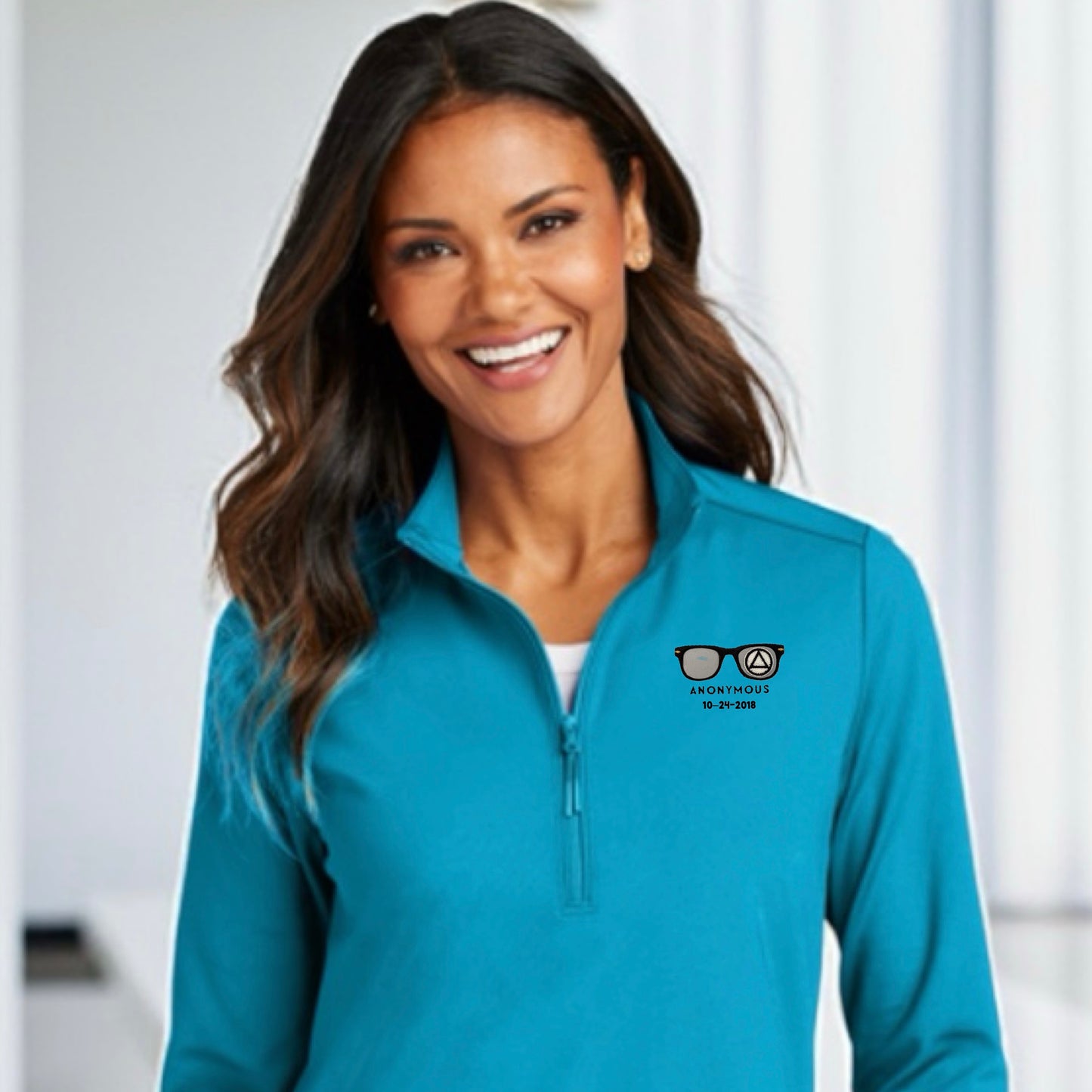 Embroidered Anonymous “Ocean Blue” Women’s Double Knit Quarter Zip Superior Stretch Top With Or Without Sobriety Date