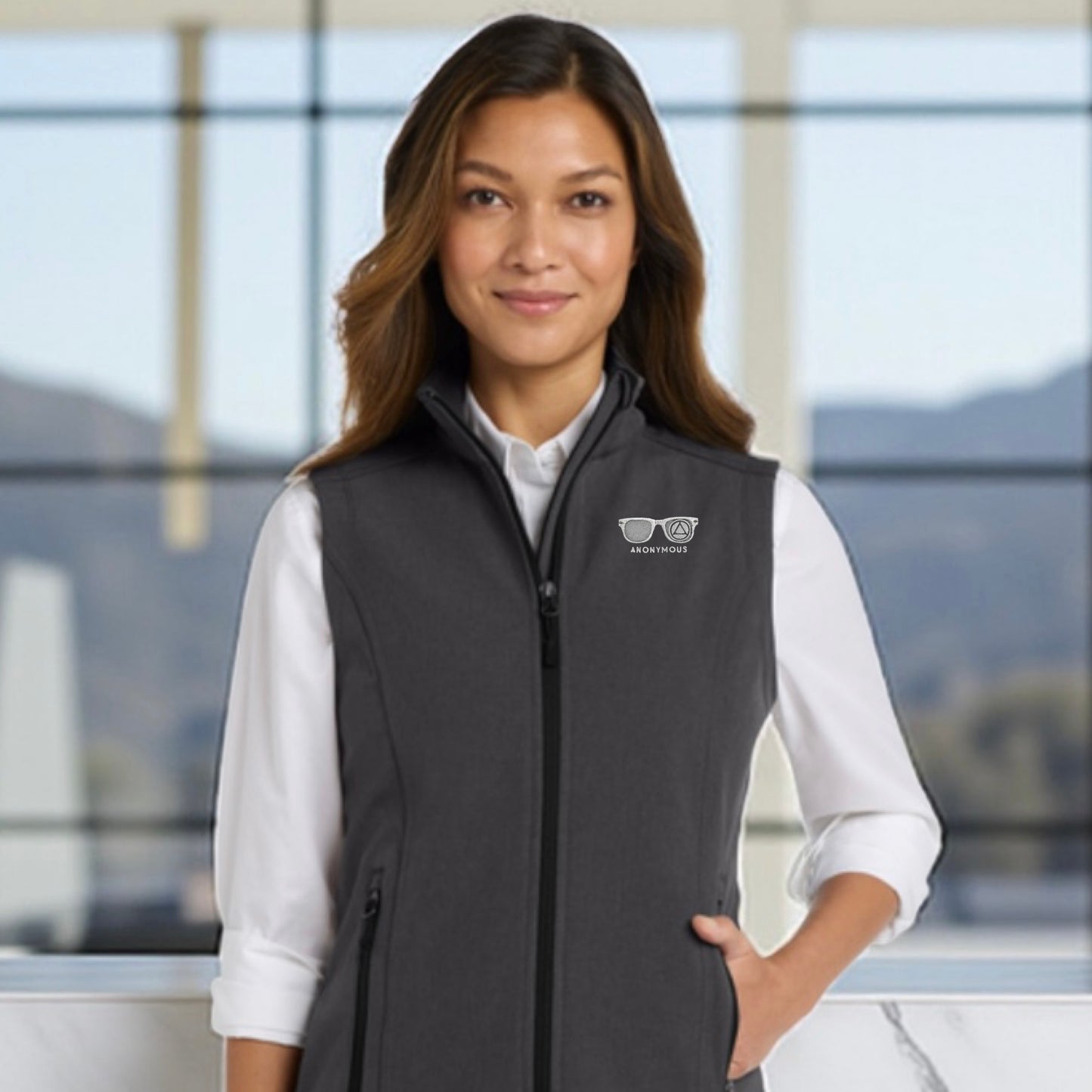 Embroidered Anonymous Charcoal Soft Core Shell Micro Fleece Lined Vest With Or Without Sobriety Date