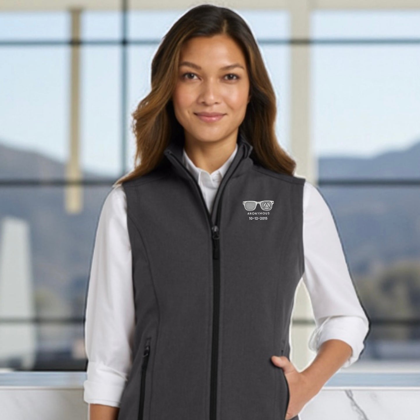 Embroidered Anonymous Charcoal Soft Core Shell Micro Fleece Lined Vest With Or Without Sobriety Date