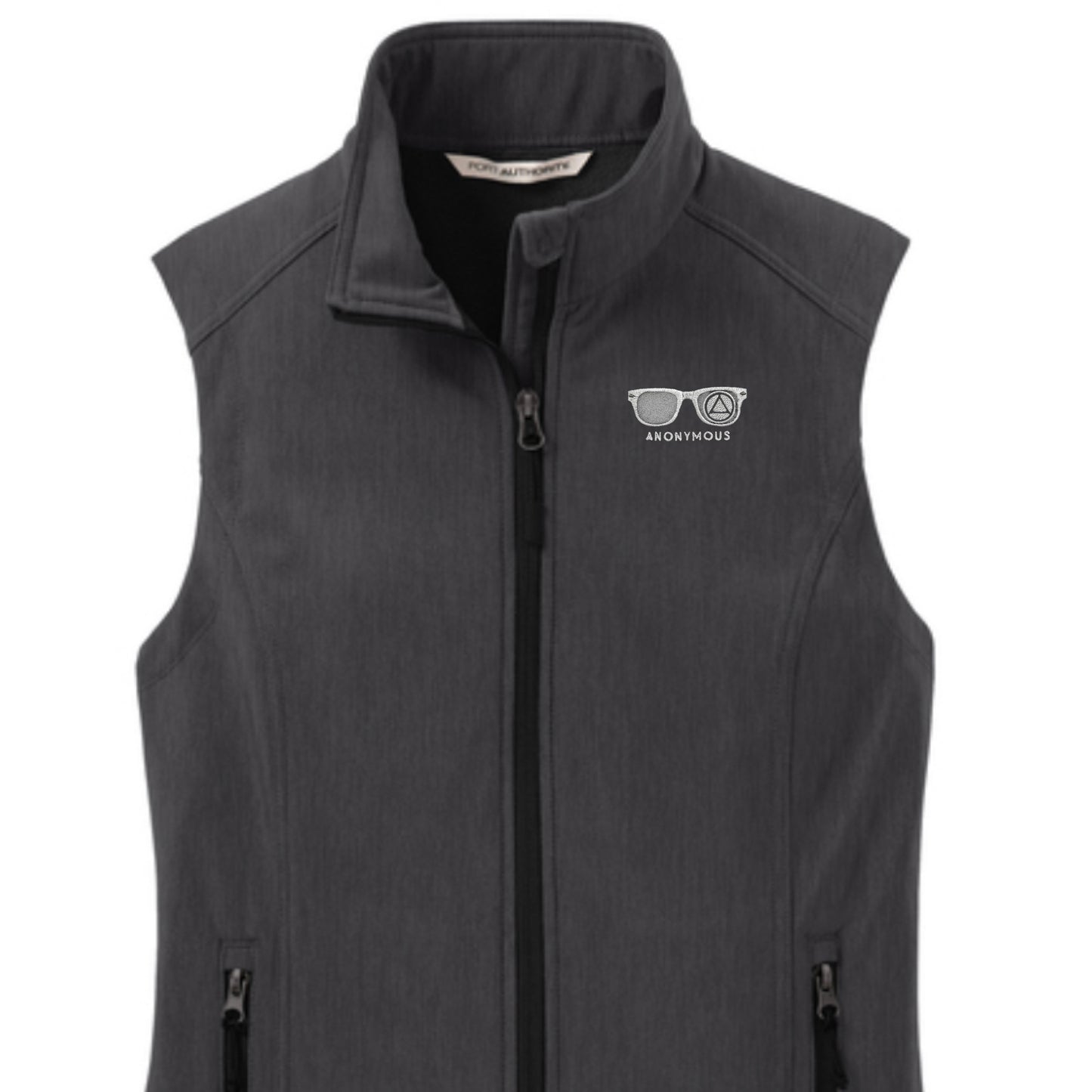 Embroidered Anonymous Charcoal Soft Core Shell Micro Fleece Lined Vest With Or Without Sobriety Date