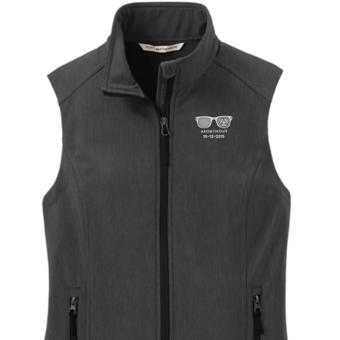 Embroidered Anonymous Charcoal Soft Core Shell Micro Fleece Lined Vest With Or Without Sobriety Date