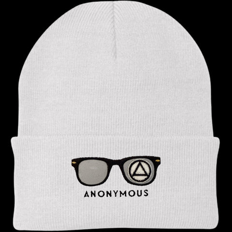 Embroidered Anonymous White Knit Cap With Or Without Sobriety Date