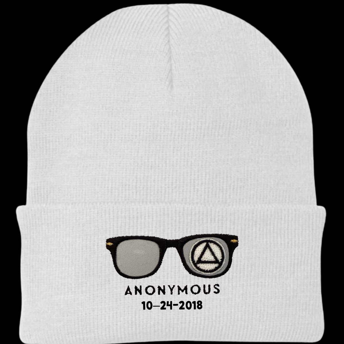 Embroidered Anonymous White Knit Cap With Or Without Sobriety Date