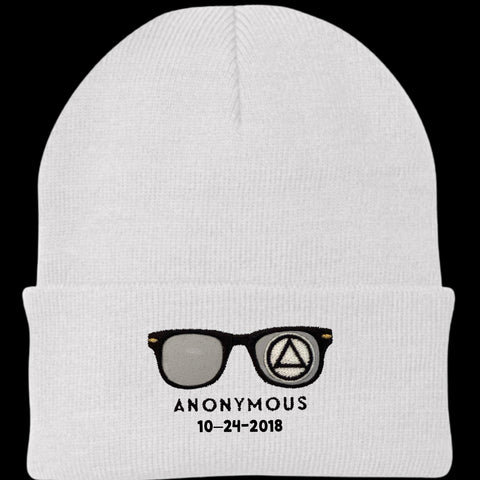 Embroidered Anonymous White Knit Cap With Or Without Sobriety Date