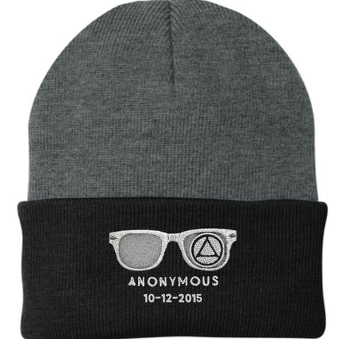 Embroidered Anonymous “Athletic Oxford/Black” Knit Cap With Or Without Sobriety Date