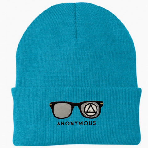 Embroidered Anonymous Blue Knit Cap With Or Without Sobriety Date