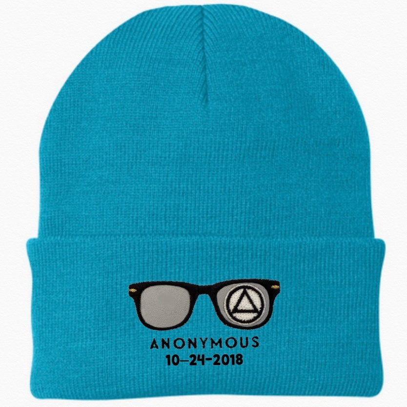 Embroidered Anonymous Blue Knit Cap With Or Without Sobriety Date