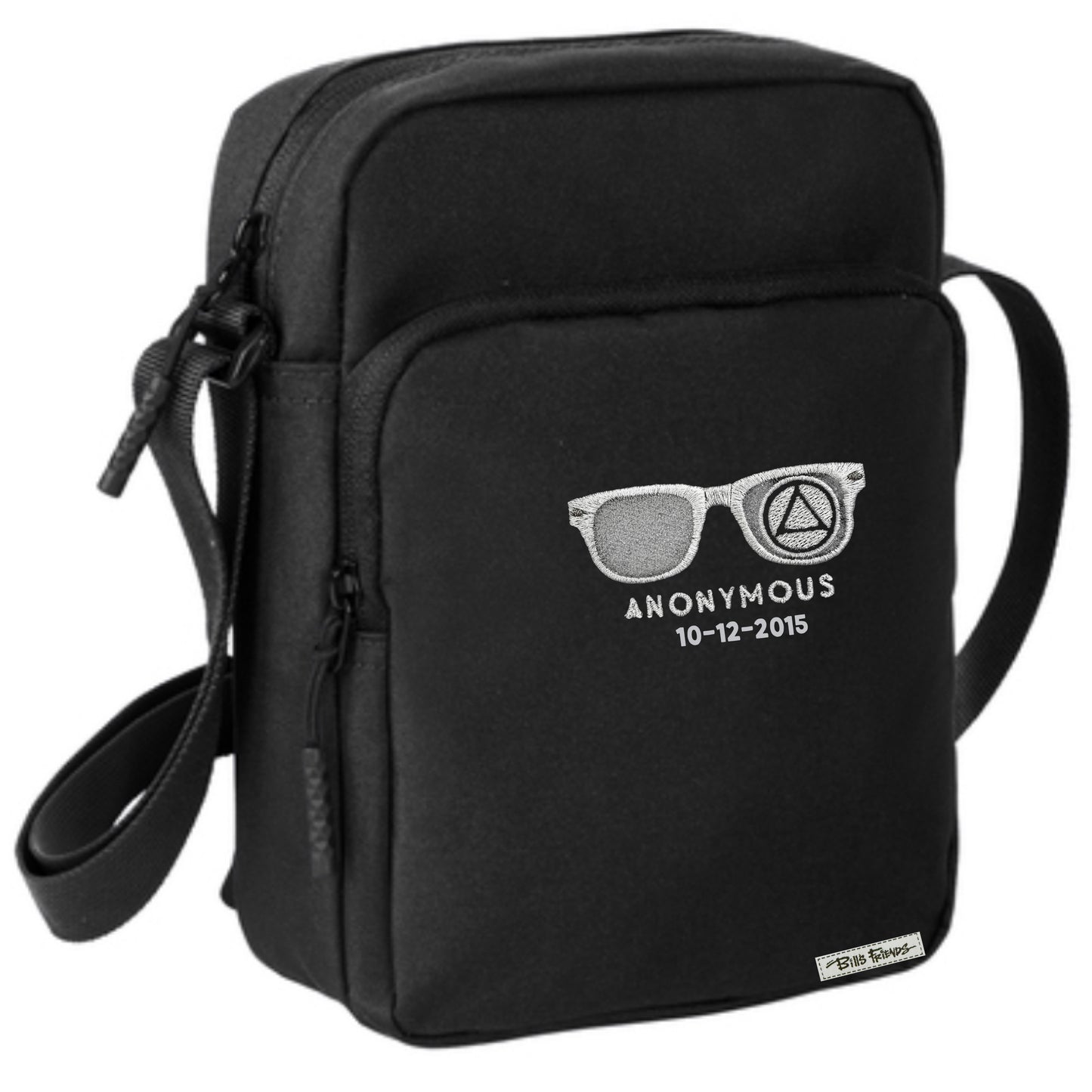 Embroidered Anonymous Black Unisex Crossbody Bag With Or Without Sobriety Date
