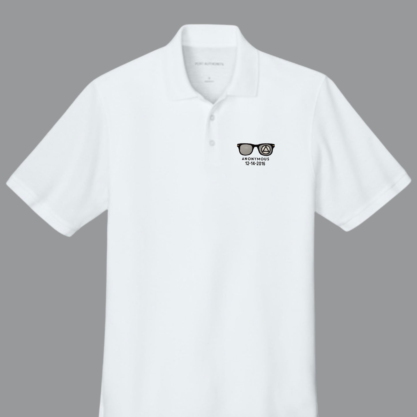 Embroidered Anonymous White Pique Polo With Or Without Sobriety Date