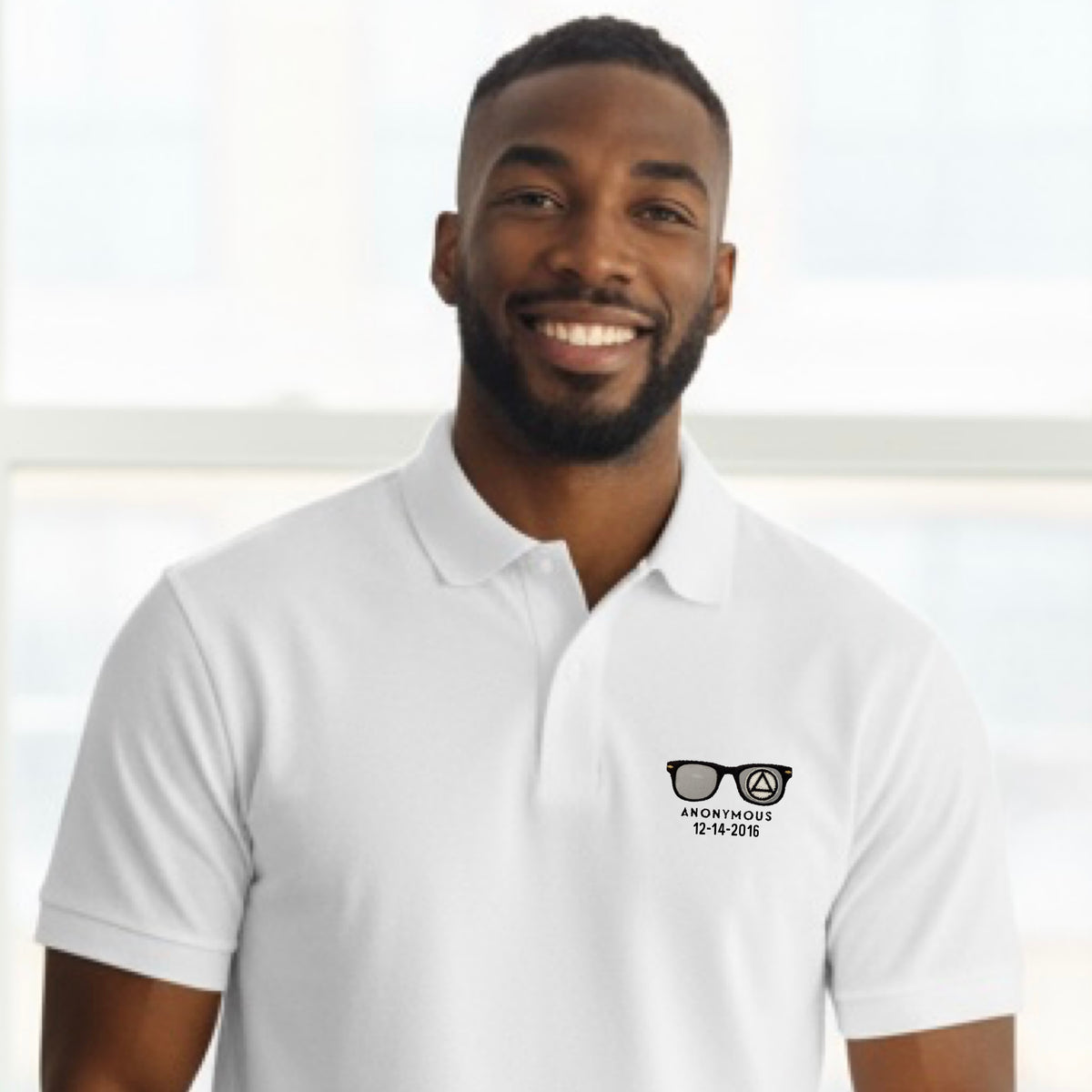Embroidered Anonymous White Pique Polo With Or Without Sobriety Date
