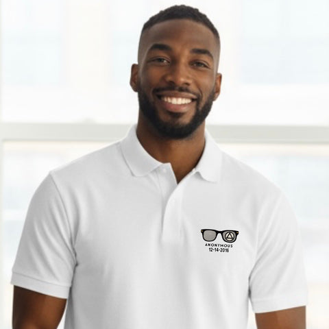 Embroidered Anonymous White Pique Polo With Or Without Sobriety Date