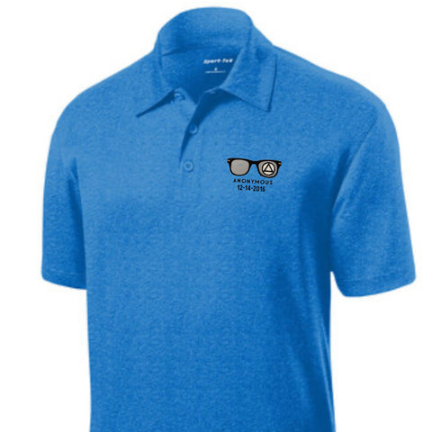 Embroidered Anonymous “Blue Wake” Heather Contender Polo With Or Without Sobriety Date