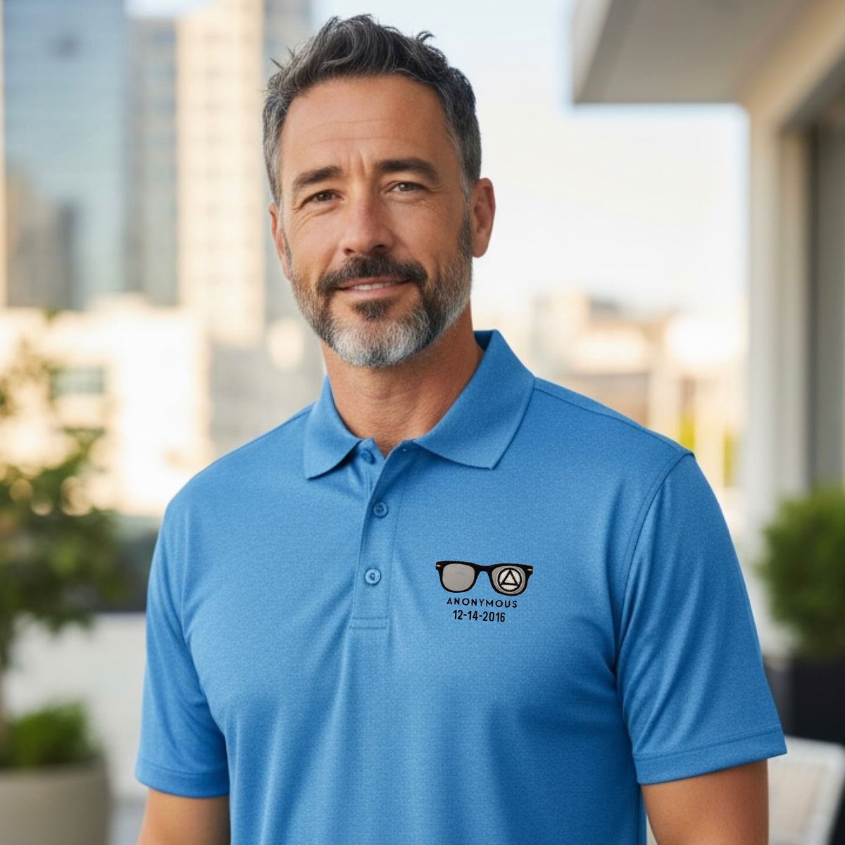 Embroidered Anonymous “Blue Wake” Heather Contender Polo With Or Without Sobriety Date