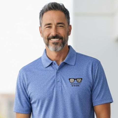 Embroidered Anonymous “Blueberry” Heather Contender Polo With Or Without Sobriety Date