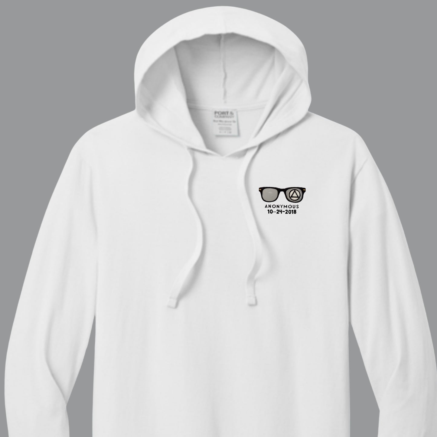 Embroidered Anonymous White Beach Washed Garment Dyed Long Sleeve Hooded T With Or Without Sobriety Date
