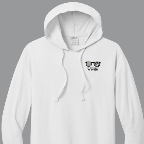 Embroidered Anonymous White Beach Washed Garment Dyed Long Sleeve Hooded T With Or Without Sobriety Date