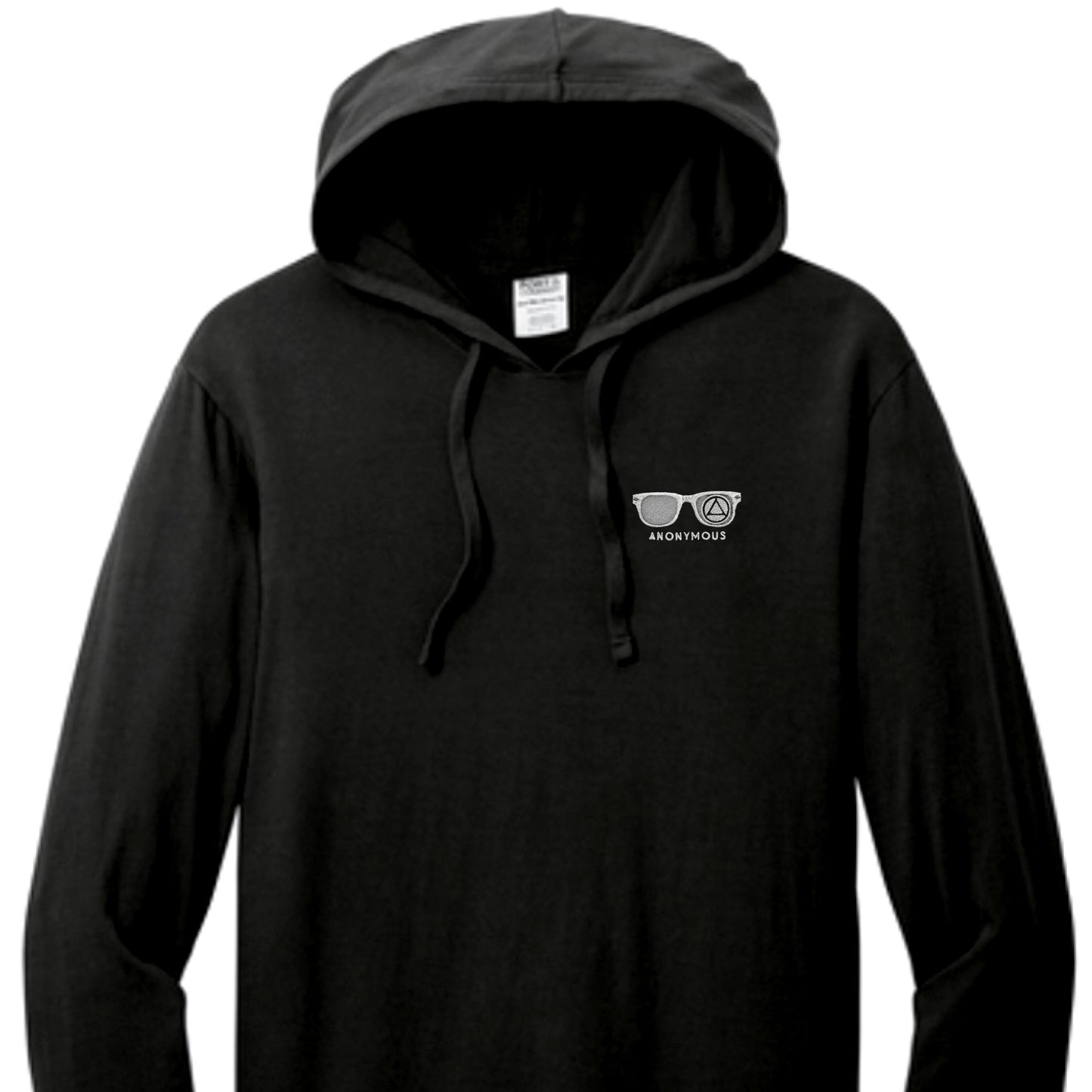 Embroidered Anonymous Black Beach Washed Garment Dyed Hooded Long Sleeve T with Or Without Sobriety Date