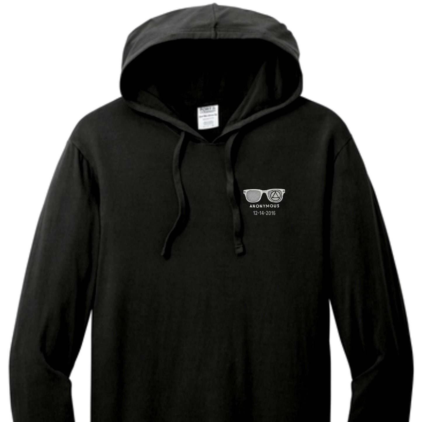 Embroidered Anonymous Black Beach Washed Garment Dyed Hooded Long Sleeve T with Or Without Sobriety Date