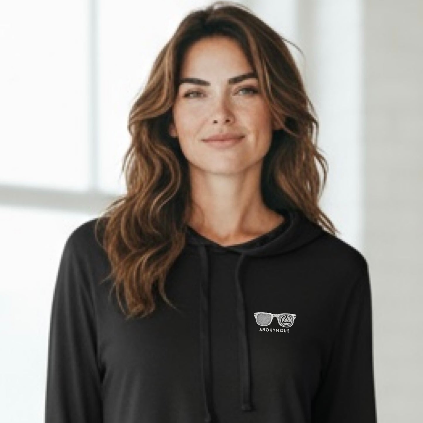 Embroidered Anonymous Black Beach Washed Garment Dyed Hooded Long Sleeve T with Or Without Sobriety Date