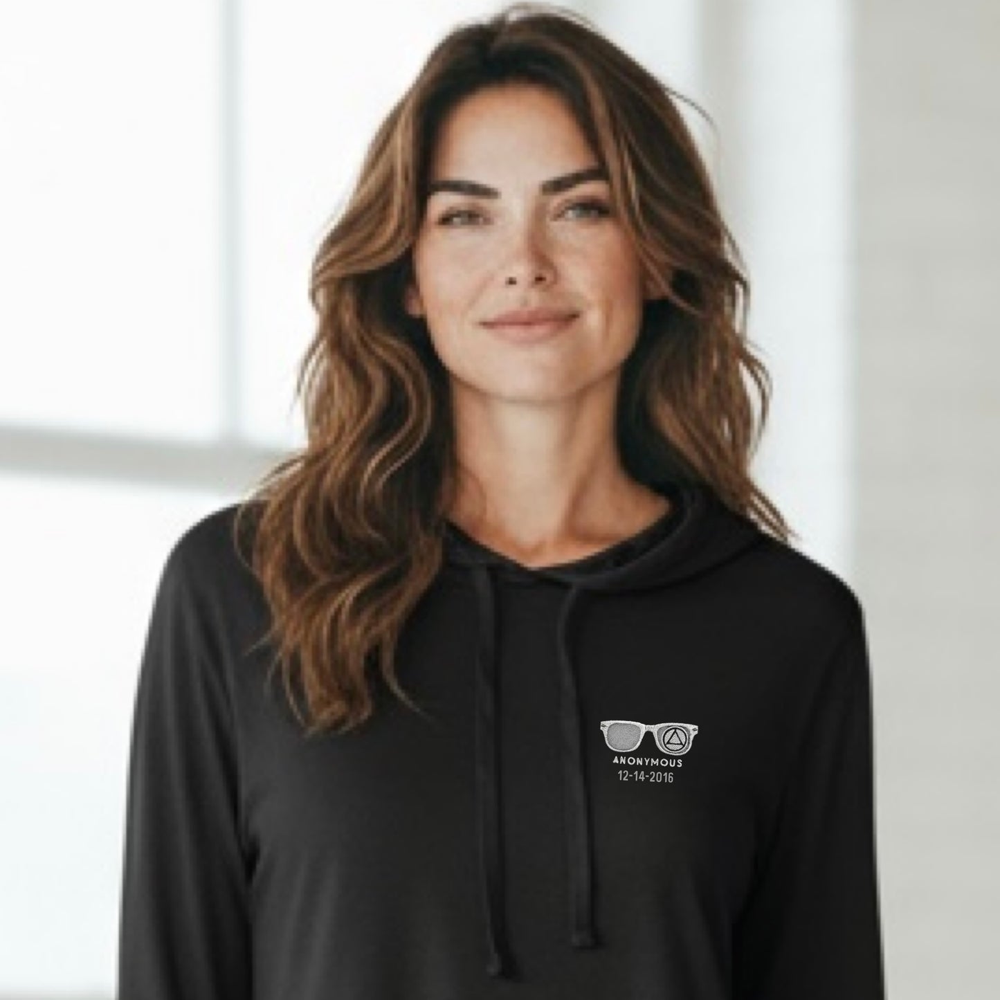 Embroidered Anonymous Black Beach Washed Garment Dyed Hooded Long Sleeve T with Or Without Sobriety Date