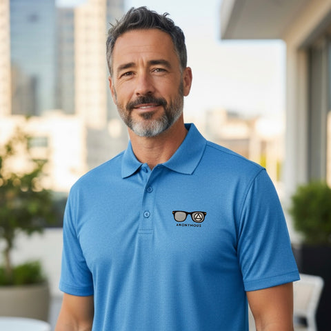 Embroidered Anonymous “Blue Wake” Heather Contender Polo With Or Without Sobriety Date