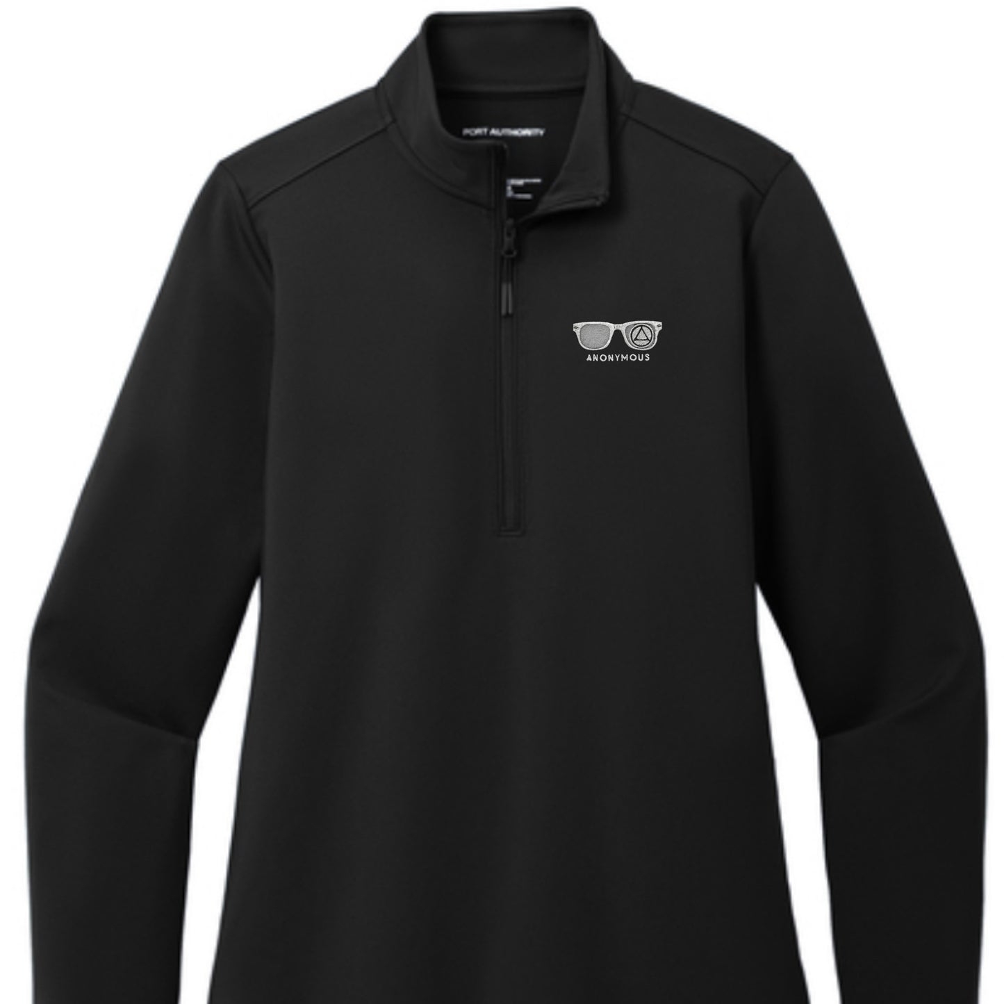 Embroidered Anonymous Black Women’s Double Knit Quarter Zip Superior Stretch Top With Or Without Sobriety Date
