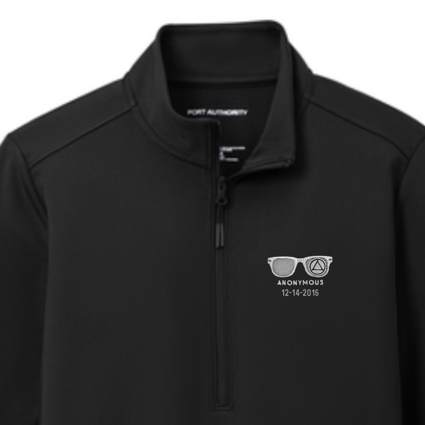 Embroidered Anonymous Black Women’s Double Knit Quarter Zip Superior Stretch Top With Or Without Sobriety Date
