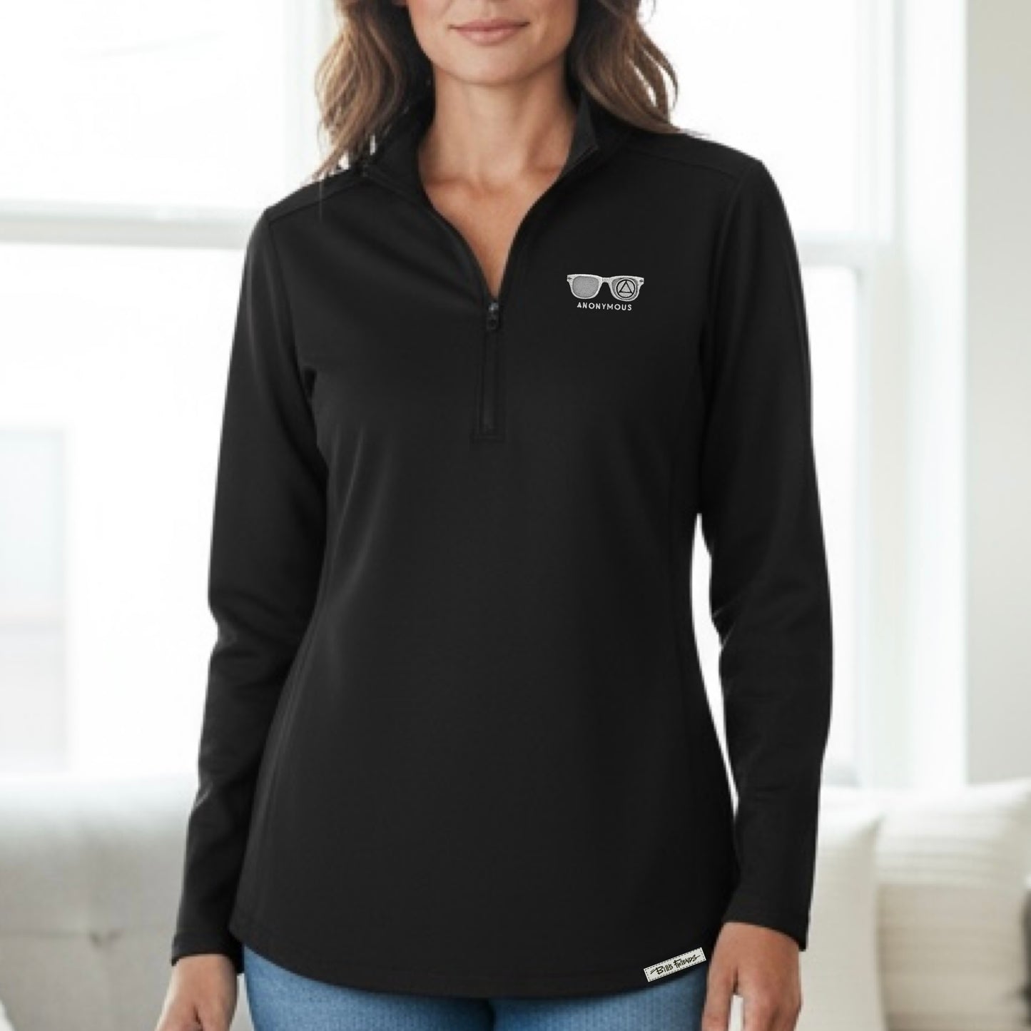 Embroidered Anonymous Black Women’s Double Knit Quarter Zip Superior Stretch Top With Or Without Sobriety Date