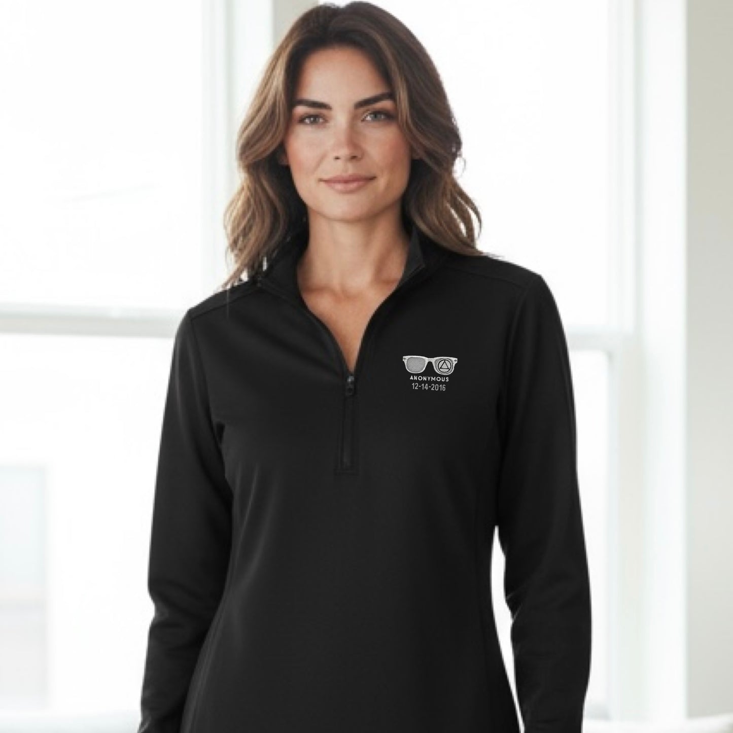 Embroidered Anonymous Black Women’s Double Knit Quarter Zip Superior Stretch Top With Or Without Sobriety Date