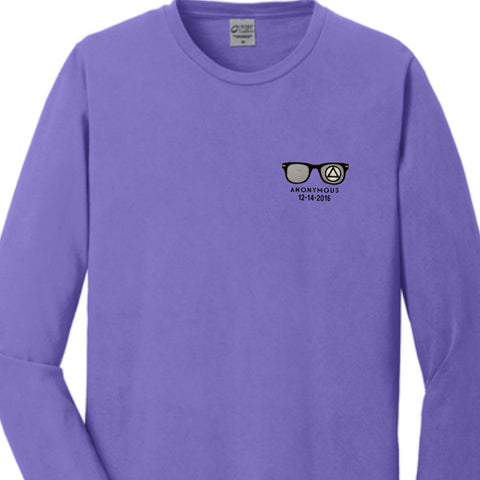 Embroidered Anonymous “Amethyst” Beach Washed Garment Dyed Long Sleeve T With Or Without Sobriety Date